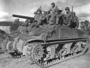 Sherman tank with various upgrades made on the fly, 3rd Armored Division, Stolberg, 1944