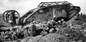 Mark I Male British WW1 tank on the Somme, with chicken wire framework on the top to deflect German stick grenades away from the flat roof