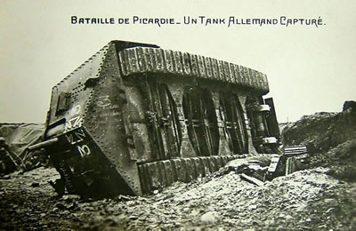Postcard showing German A7V Sturmpanzer-Kraftwagen that was captured by French Troops at the Second Battle of Villers-Bretonneux