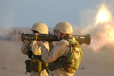 US soldiers with an A4 light anti-armor weapon during a training exercise in Kuwait, 2004