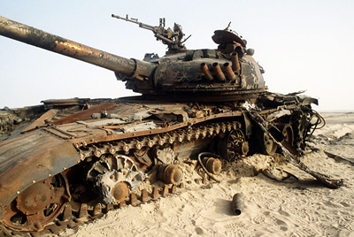 Destroyed Iraqi T-72 main battle tank during the First Gulf War