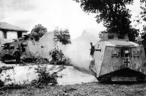 Panzerwagen A7V heavy tanks near Villers Bretonneux in April 1918, including the tank A7V Hagen 528 from Abteilung 2