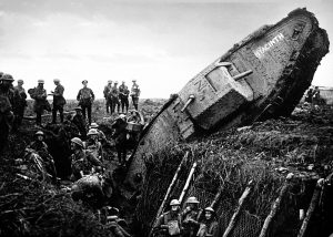 Mark IV Heavy Tank climbing out of a WWI trench