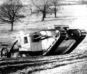 "Mother" British WW1 tank during trials at Burton park near Lincoln, UK.